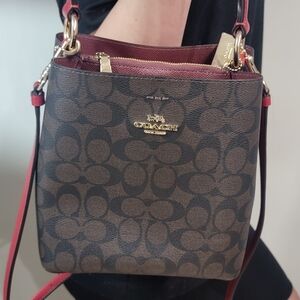 Coach Signature Canvas Crossbody Bag in Brown & Red